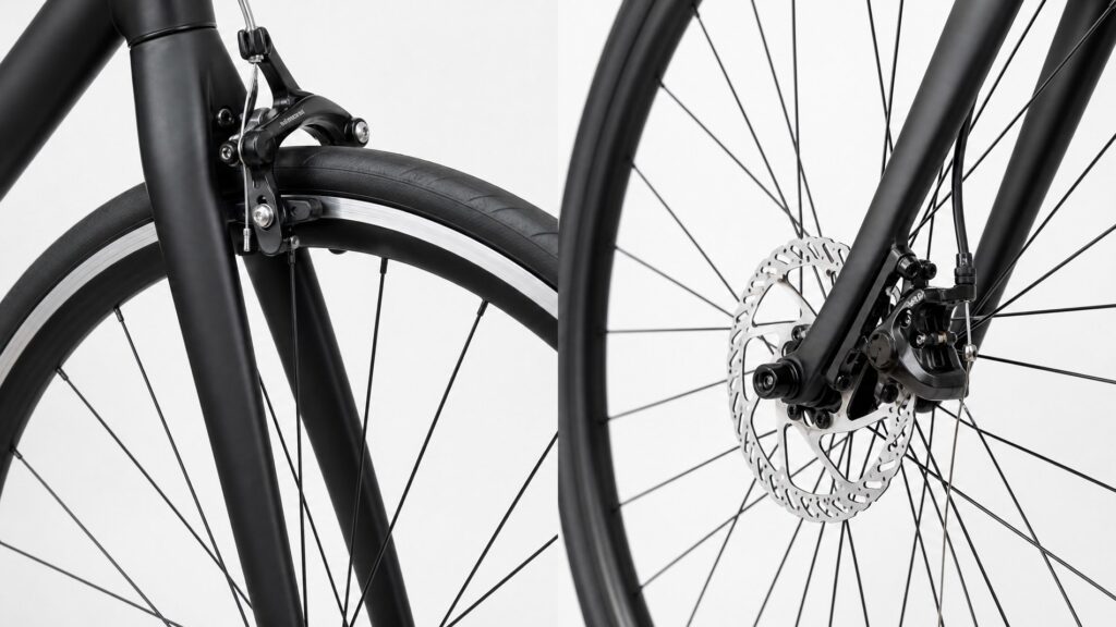 Comparison of a traditional rim brake caliper and a modern hydraulic disc brake rotor on bicycle wheels