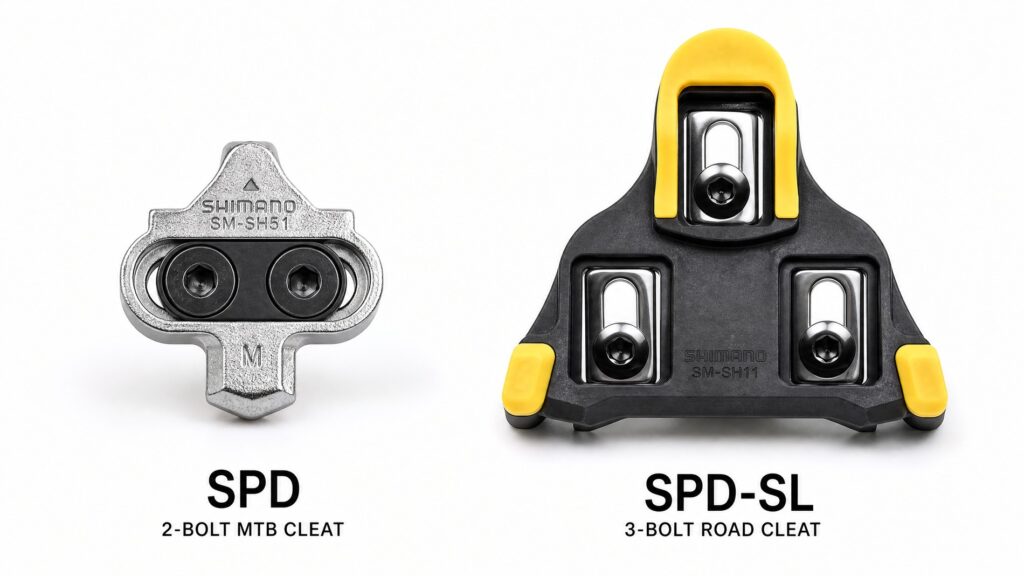 Comparison of silver two-bolt SPD mountain bike cleat and yellow three-bolt SPD-SL road cycling cleat