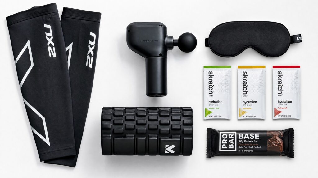 Cycling recovery tools including compression leg sleeves, massage gun, foam roller, sleep mask, and nutrition