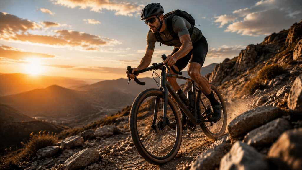 Cyclist navigating rocky mountain trail at sunset