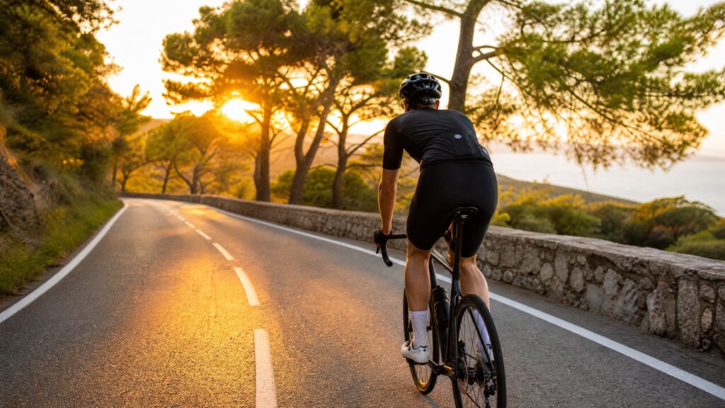 Cyclist on a light easy recovery ride on a quiet tree-lined road at golden hour with relaxed posture