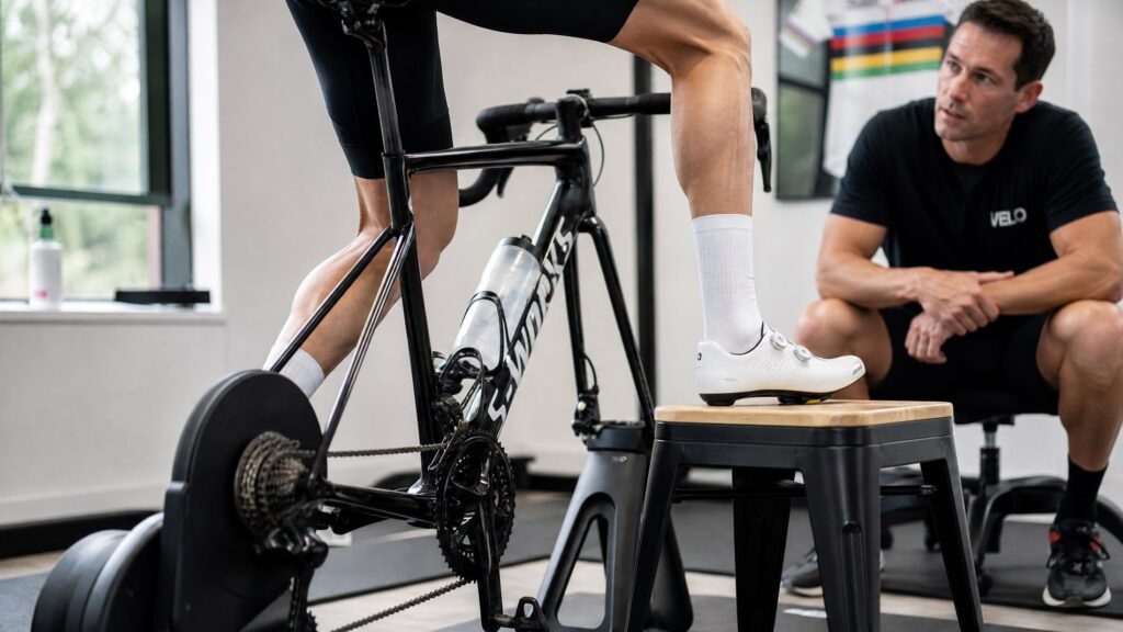 Cyclist performing a single-leg pedaling drill on a stationary indoor trainer
