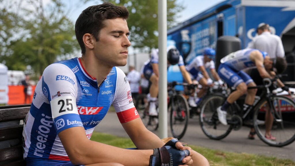 Cyclist sitting quietly on a bench before a race, eyes closed in deep visualization and mental rehearsal