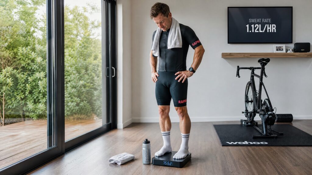 Cyclist standing on a digital scale before a training session to measure sweat rate for hydration planning