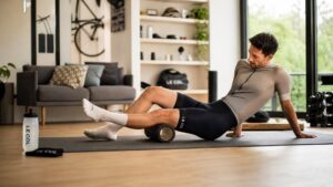 Cyclist using a foam roller for leg recovery in a home training space