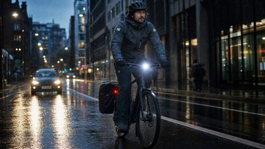Cyclist wearing premium waterproof commuter cycling gear in light rain on a city street
