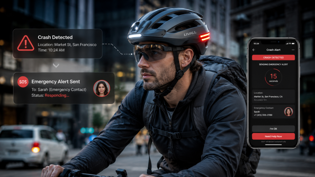 Cyclist wearing smart helmet with crash detection system in urban environment