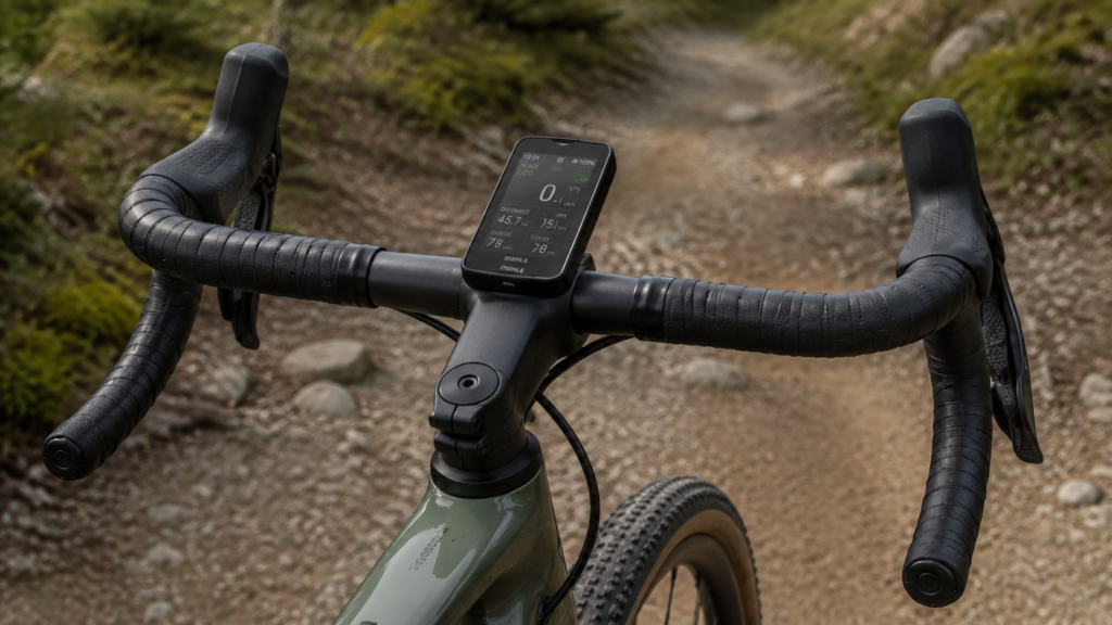 E-gravel bike cockpit with smart display and electronic shifters