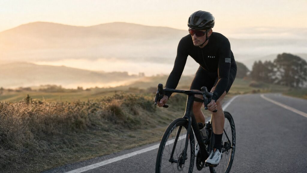 Endurance cyclist riding a road bike on a quiet country road during a long base training ride
