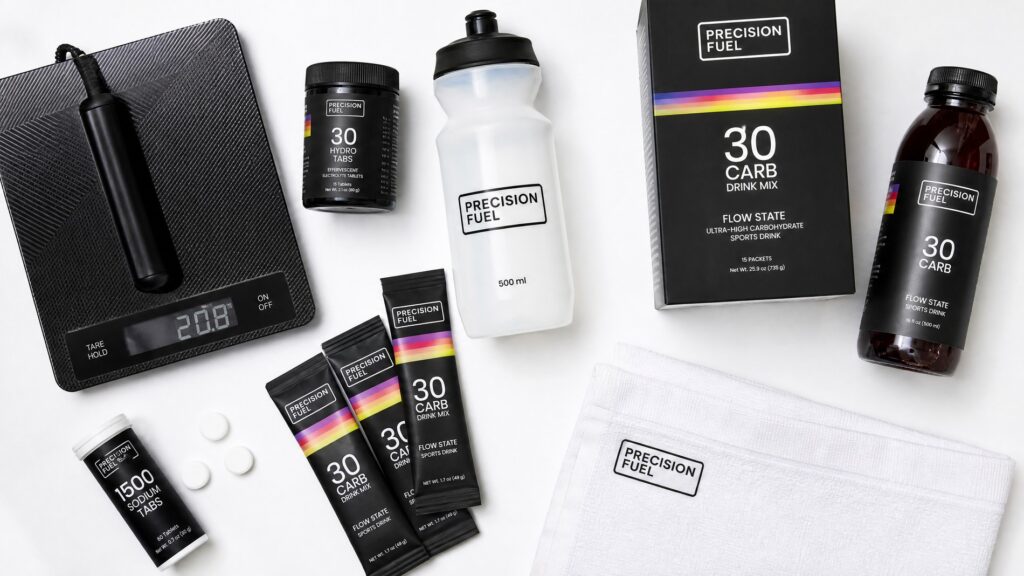Flat lay of cycling hydration products including electrolyte powder, hydration tablets, and a digital scale
