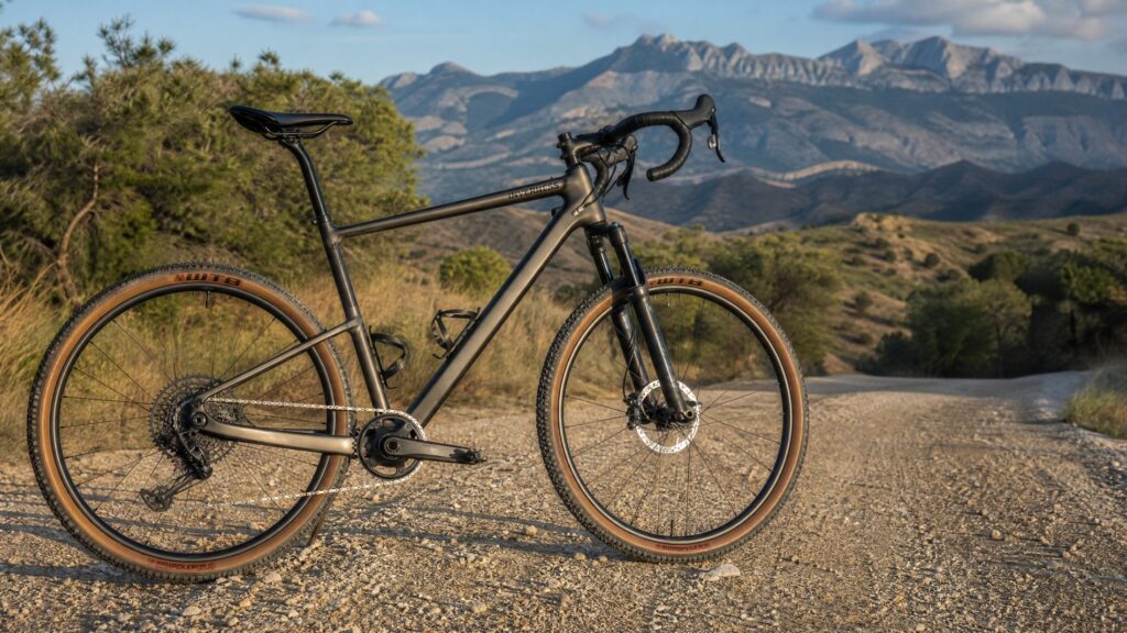 Gravel bike equipped with a short-travel suspension fork parked on a scenic gravel road