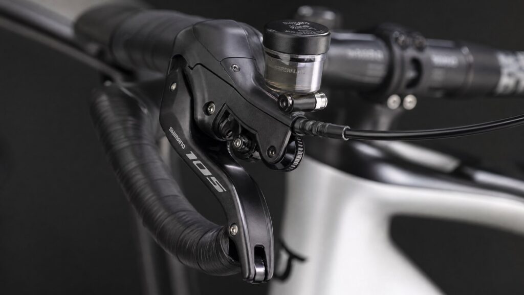 Hydraulic disc brake lever on road bike handlebars showing the hydraulic reservoir and lever reach adjustment