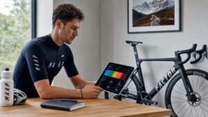 Indoor cycling planning scene with athlete reviewing workout calendar and training metrics