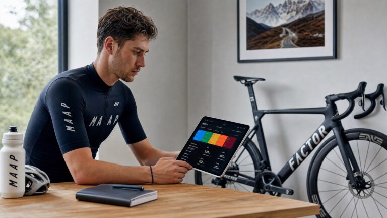 Indoor cycling planning scene with athlete reviewing workout calendar and training metrics