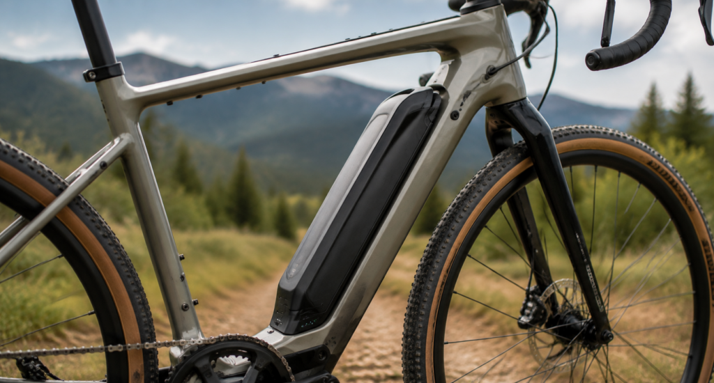 Integrated e-gravel bike battery mounted on the down tube