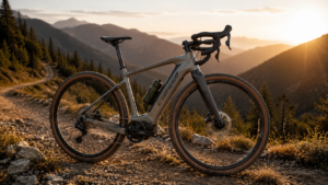 Lightweight e-gravel bike on mountain trail showing sleek integrated motor design