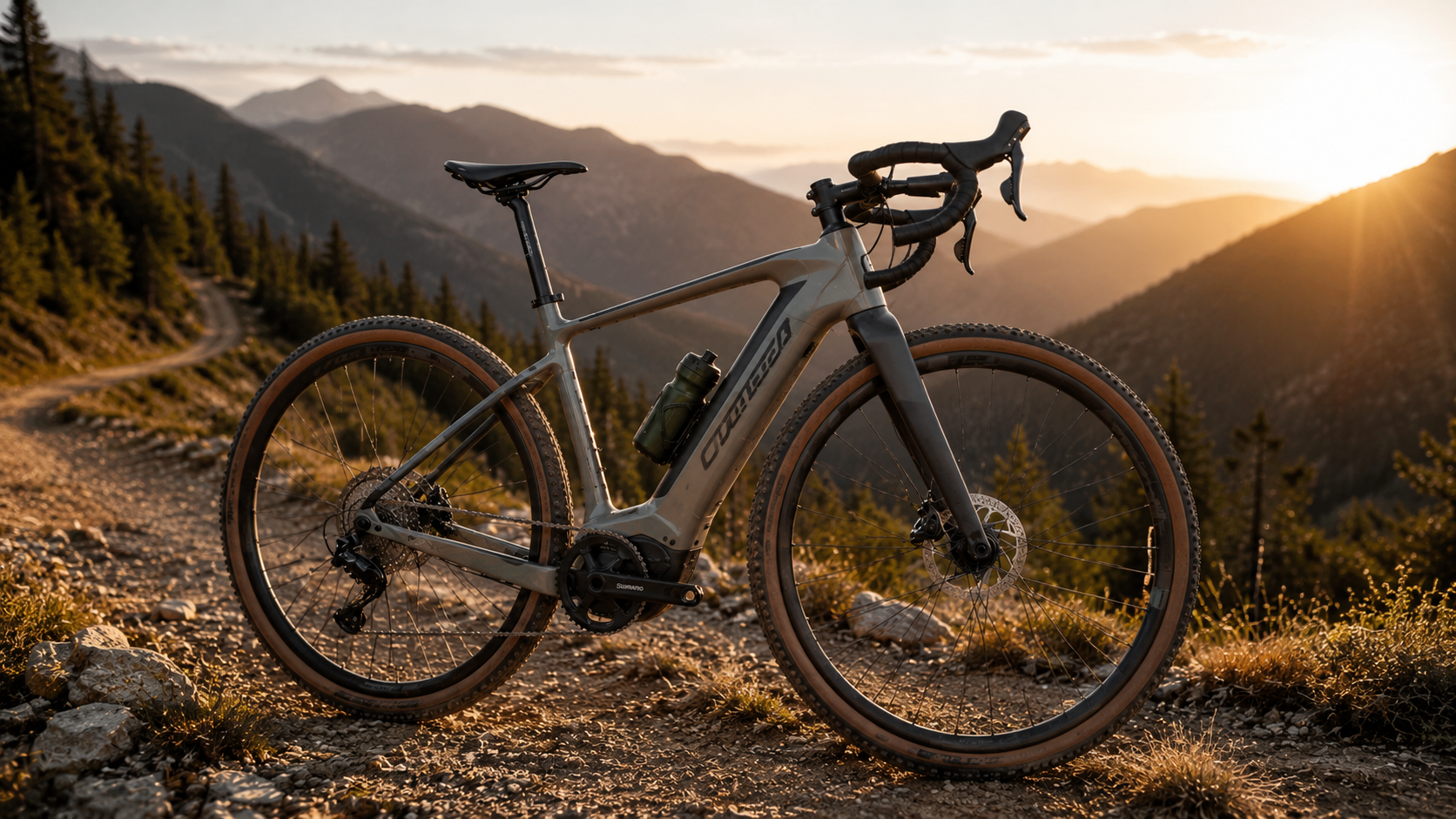 Lightweight e-gravel bike on mountain trail showing sleek integrated motor design