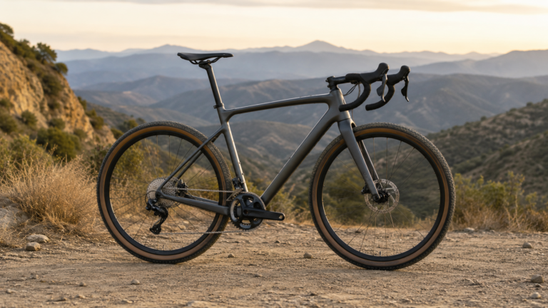 Lightweight e-gravel bike with sleek frame on a dirt trail