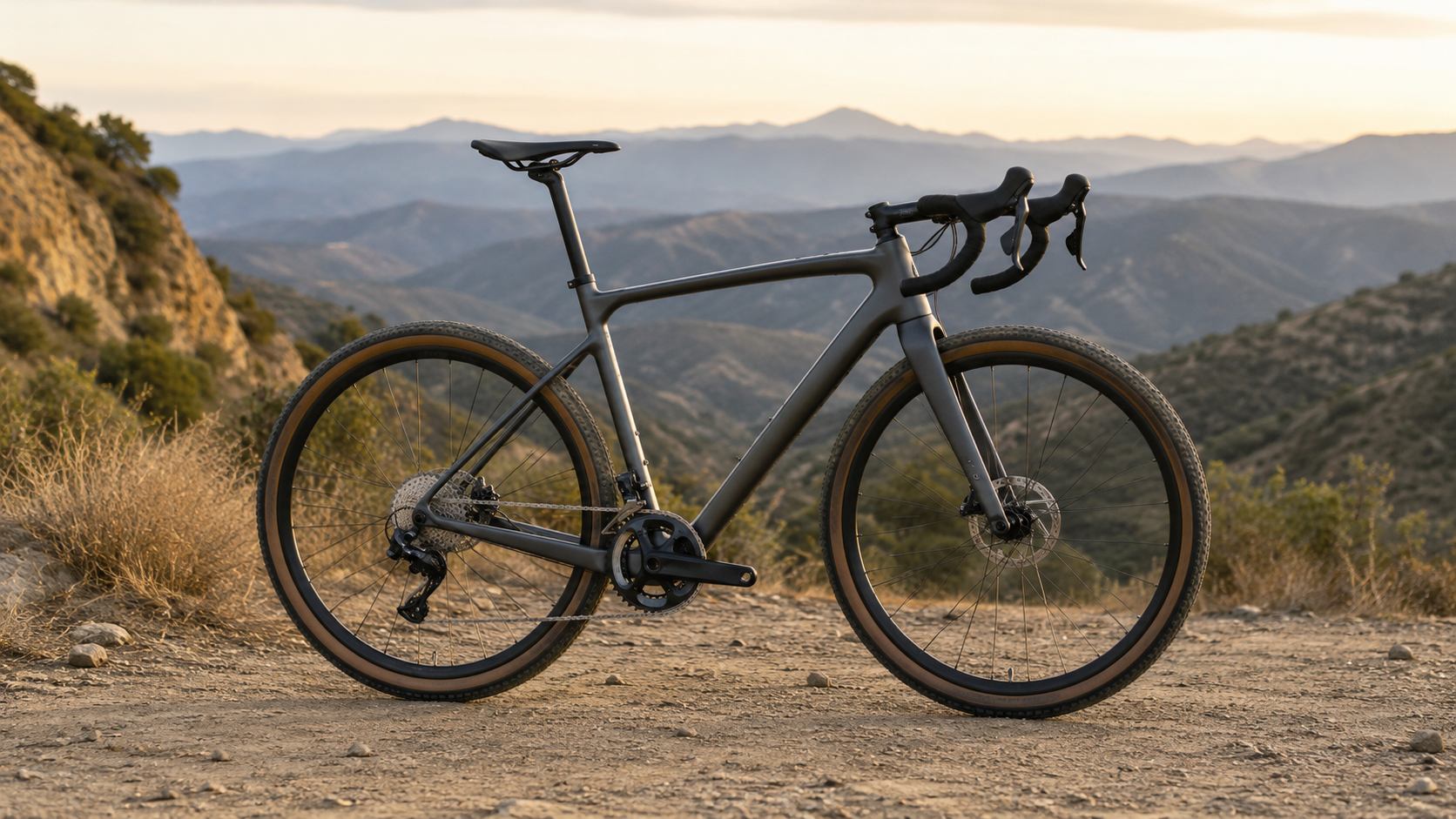 Lightweight e-gravel bike with sleek frame on a dirt trail