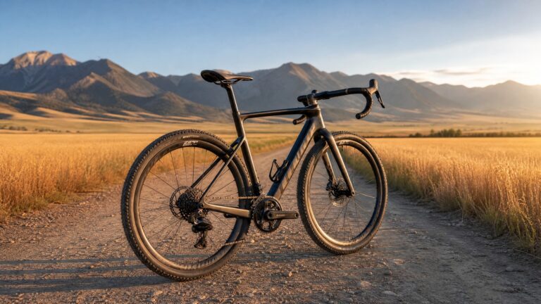 Modern gravel bike with disc brakes and knobby tires ready for off-road cycling adventure
