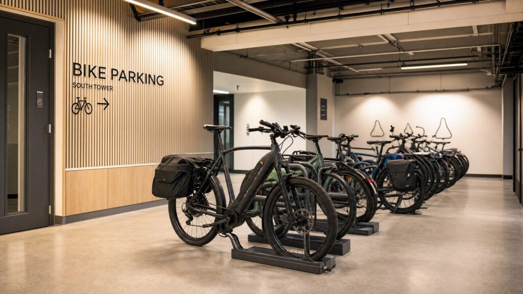 Modern secure bike parking facility at a city office building with high-end commuter bikes locked in premium racks