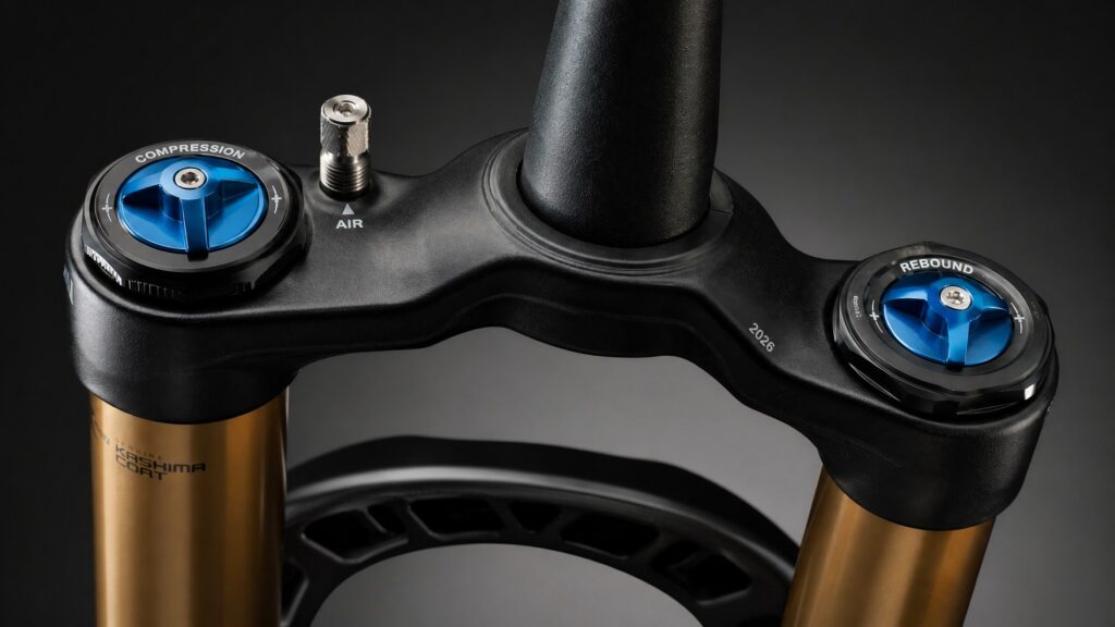 Mountain bike suspension fork showing compression and rebound adjustment dials