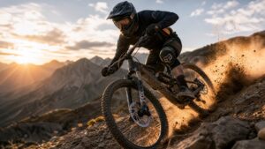Mountain biker applying hydraulic disc brakes hard on a steep technical descent with dramatic dirt spray