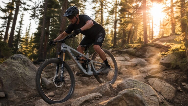 Mountain biker descending rocky trail with full suspension bike at sunset in forested terrain