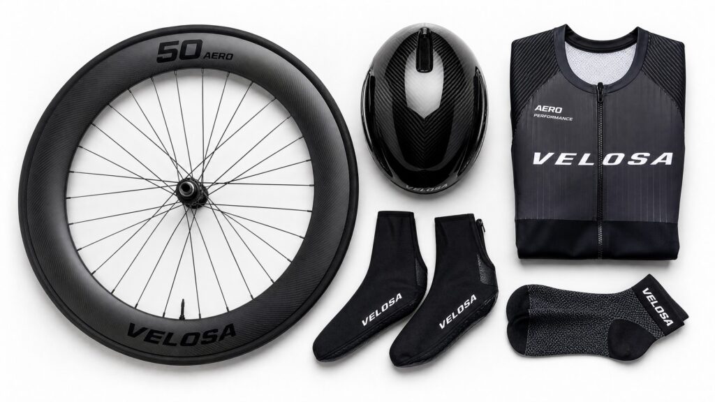 Product flat lay photography of cycling aerodynamic equipment