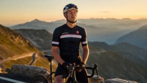 Professional lifestyle photography of a focused road cyclist sitting on the bike