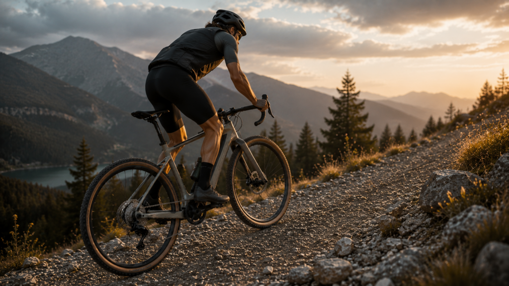 Rider climbing gravel hill using lightweight e-gravel bike with natural assist motion