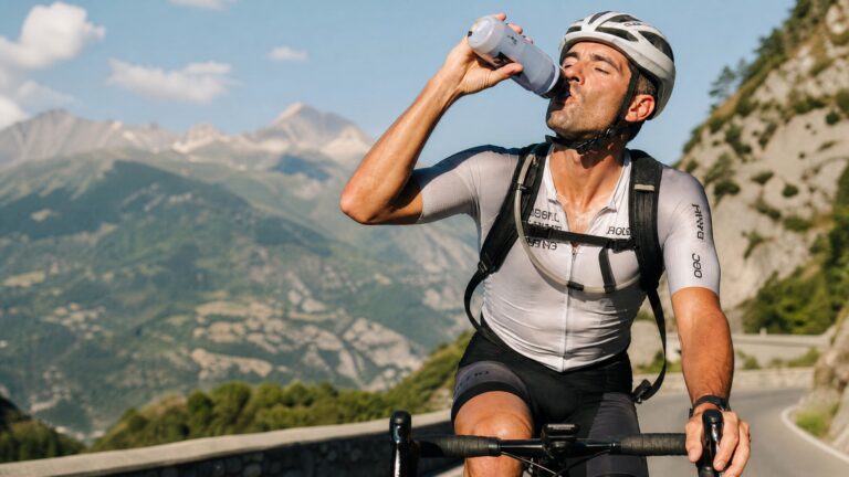 Road cyclist drinking from a water bottle during a long ride on a scenic mountain road in summer sunlight