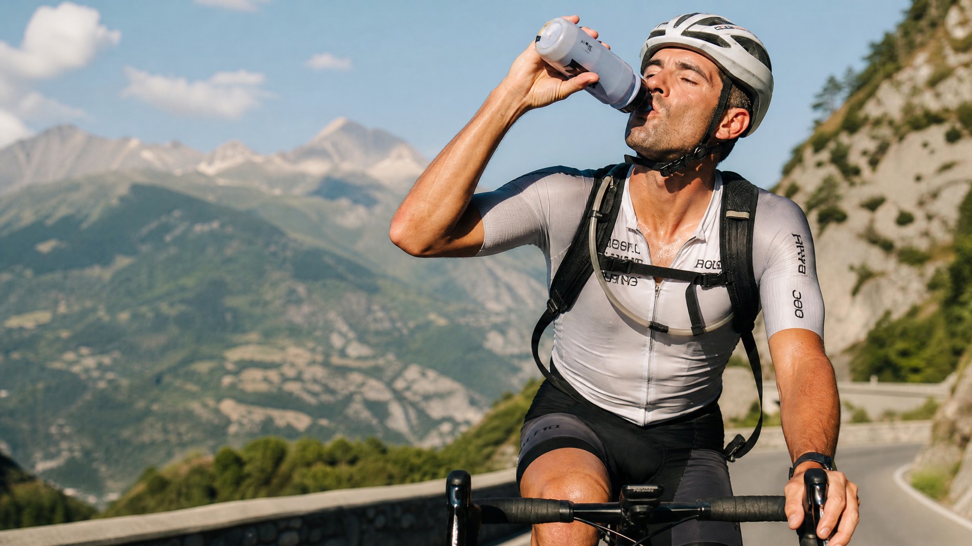 Road cyclist drinking from a water bottle during a long ride on a scenic mountain road in summer sunlight