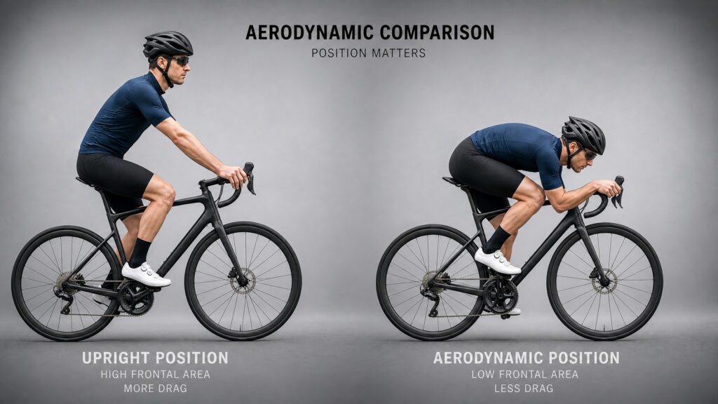 Side-by-side comparison of a road cyclist in an upright relaxed position versus a full aerodynamic tuck position