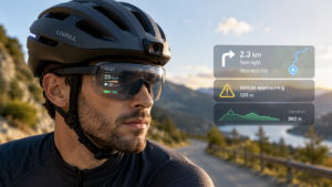 Smart cycling helmet with AR display showing navigation and safety alerts