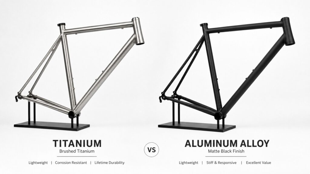 Studio comparison of a brushed titanium road bike frame and a matte black aluminum alloy road bike frame