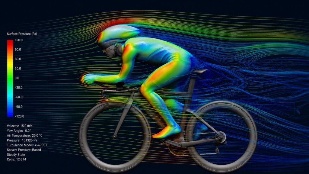Technical visualization of a CFD simulation showing colored airflow streamlines around a road cyclist