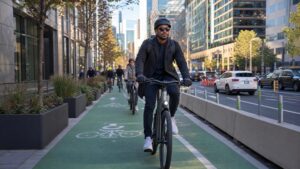 Urban cyclist commuting in protected bike lane through modern downtown traffic