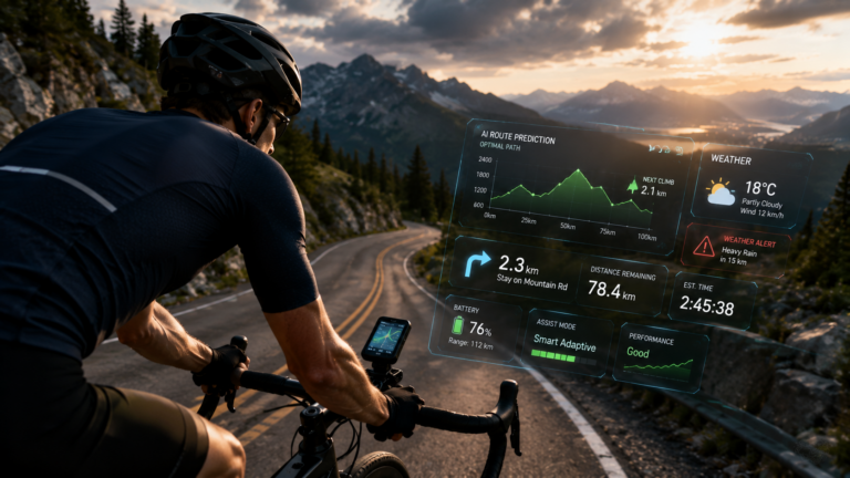 AI cycling navigation system displaying smart route guidance on mountain ride