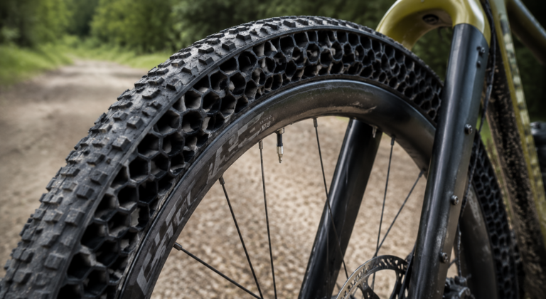 Airless bicycle tire with honeycomb internal structure mounted on modern gravel bike wheel