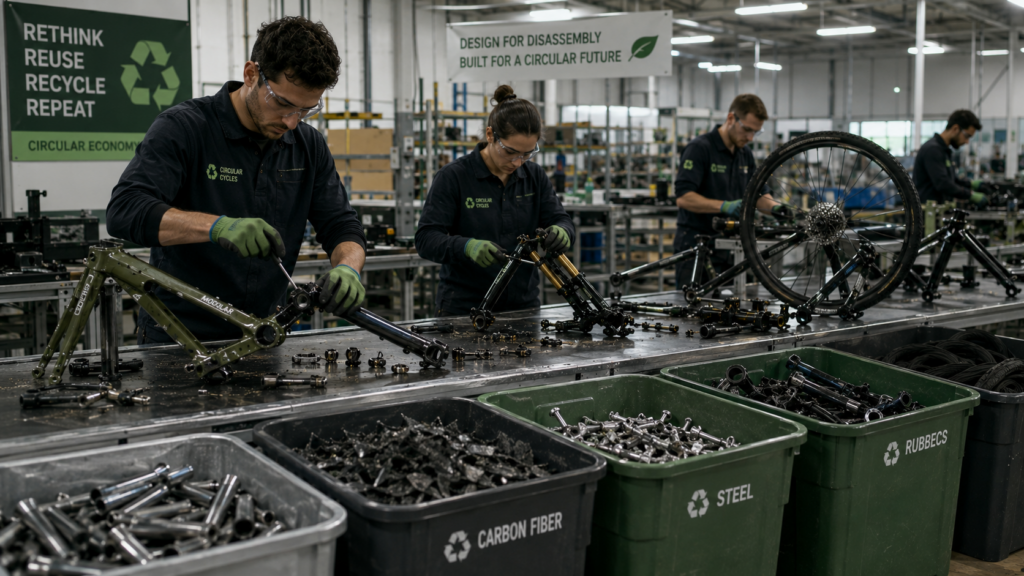 Bike components being separated for recycling at a circular economy facility