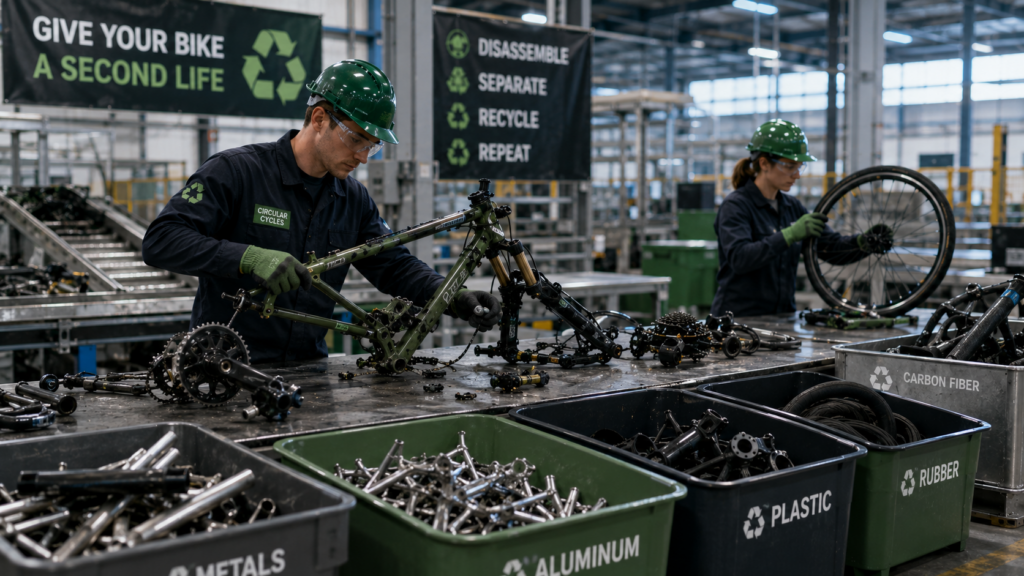 Bike components being separated for recycling at end-of-life facility