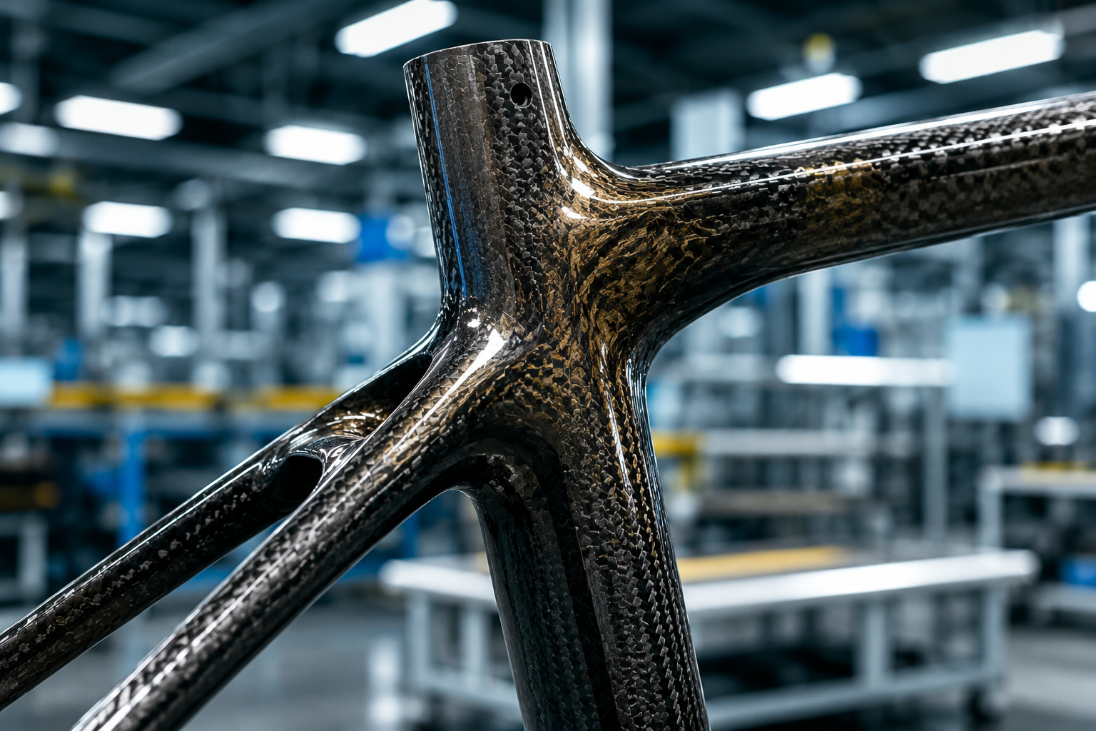 Close-up of a bio-resin carbon fiber bicycle frame under manufacturing light