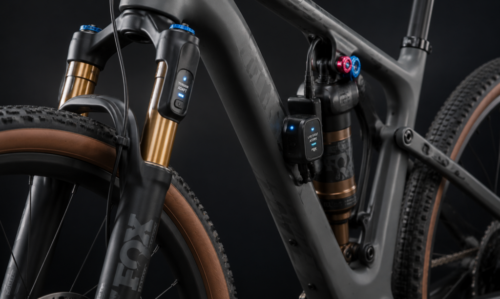 Close-up of gravel bike fork and rear shock with adaptive suspension electronics