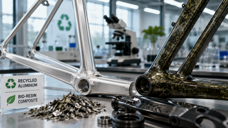 Close-up of recycled aluminum and bio-resin composite bike components