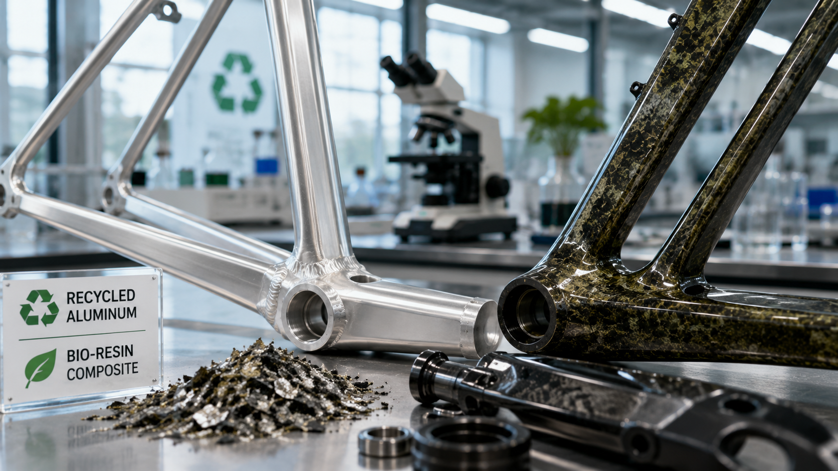Close-up of recycled aluminum and bio-resin composite bike components