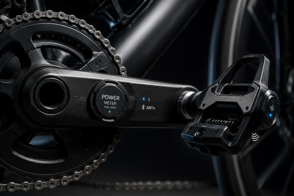 Close-up of smart bicycle power meter with sensors and wireless performance tracking technology