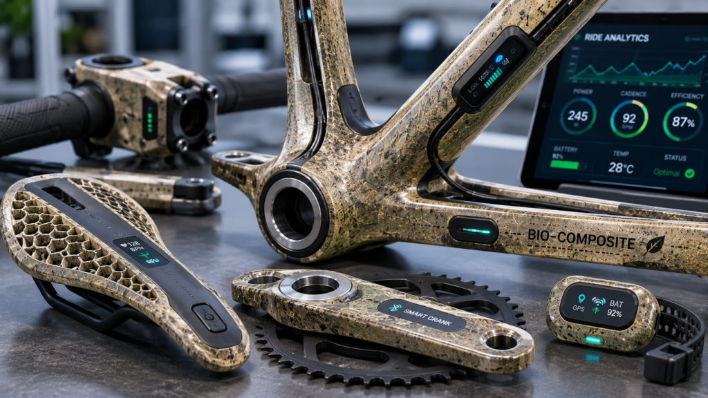 Close-up of smart bio-composite bike components with integrated sensors
