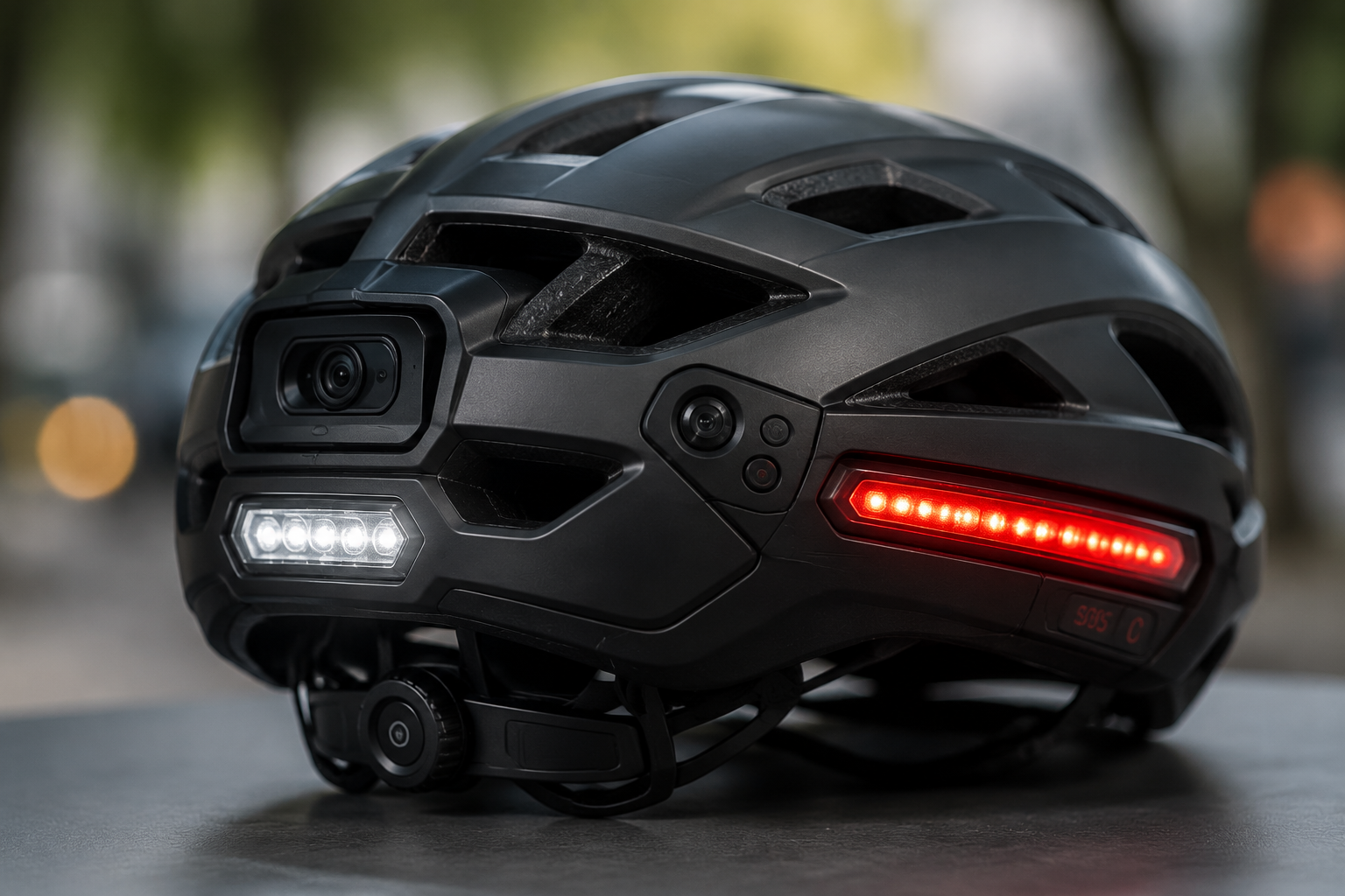 Close-up of smart cycling helmet with integrated cameras LED lights and safety sensors