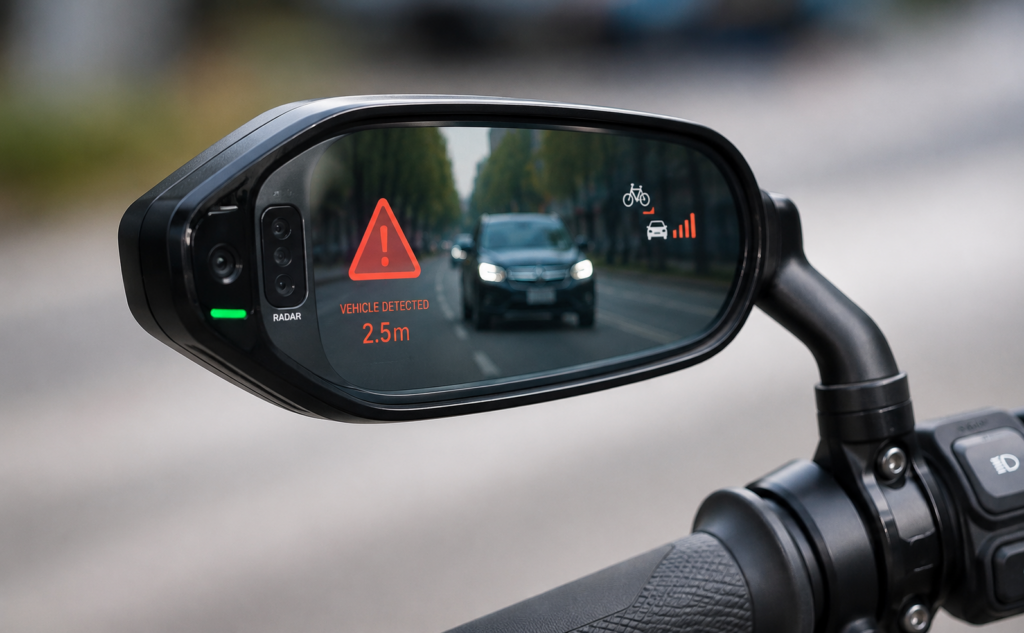 Close‑up of a smart cycling mirror with integrated radar or camera sensors and digital alert display